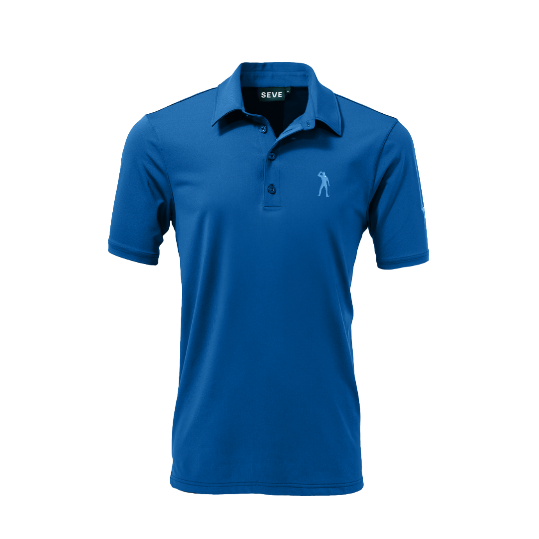 A blue polo shirt with a collar, featuring a small logo on the chest.