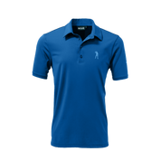 A blue polo shirt with a collar, featuring a small logo on the chest.
