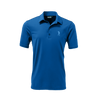 A blue polo shirt with a collar, featuring a small logo on the chest.