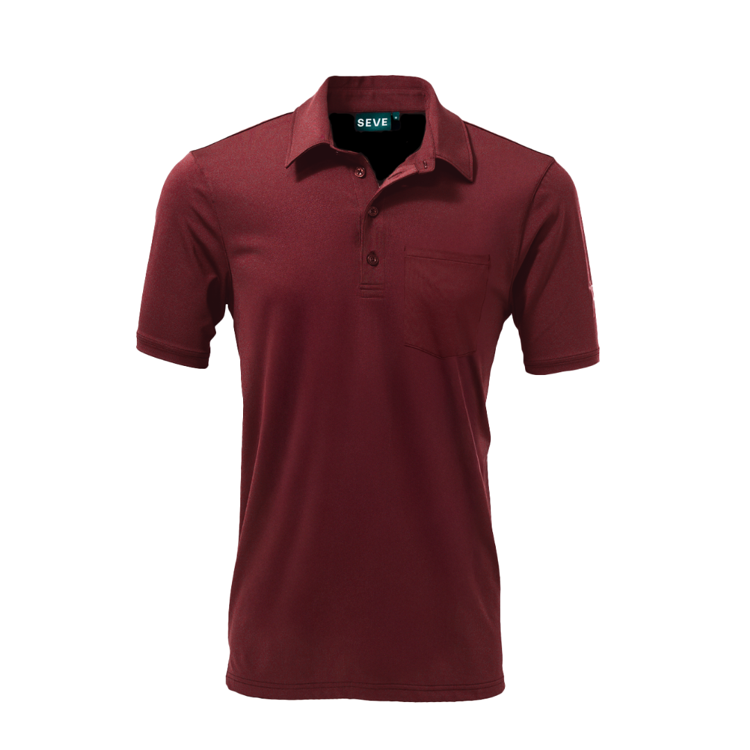 A burgundy red polo shirt with a collar, short sleeves, and a pocket on the chest.
