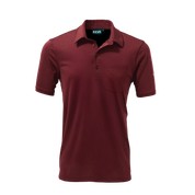 A burgundy red polo shirt with a collar, short sleeves, and a pocket on the chest.
