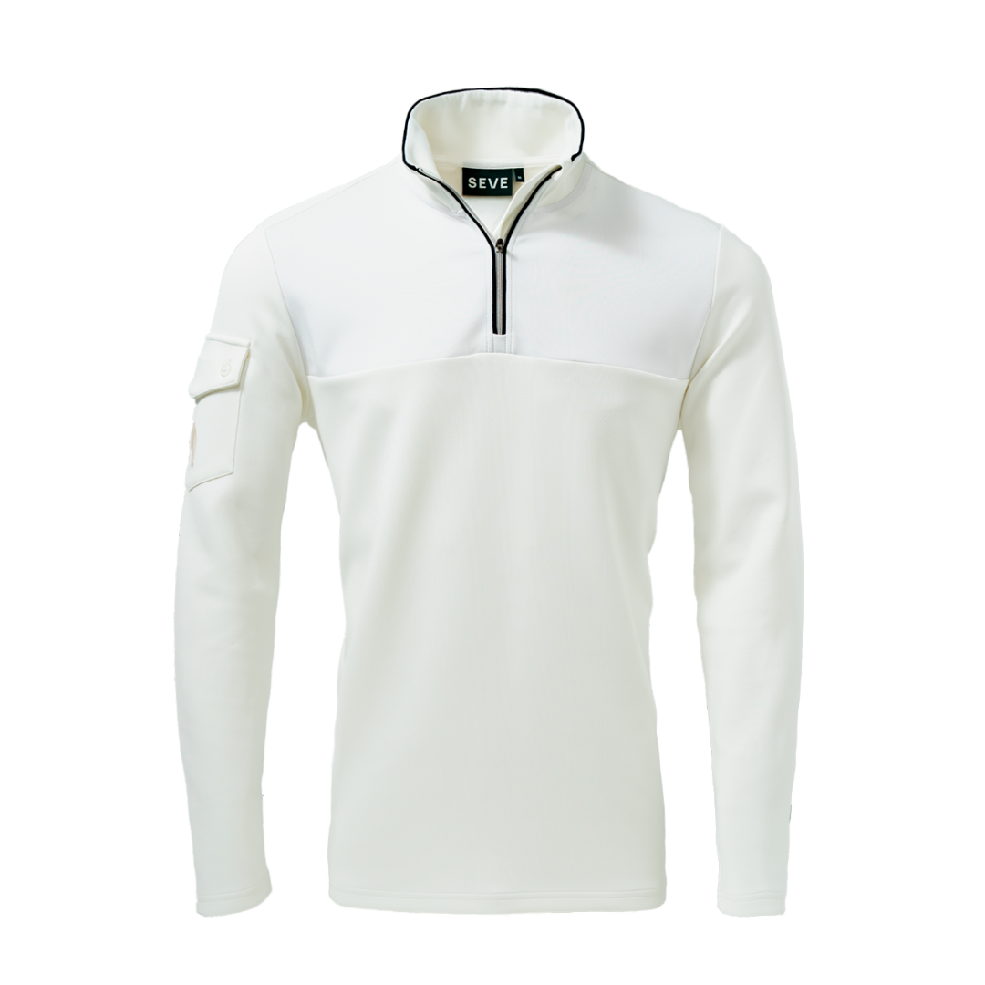 A white long-sleeved golf midlayer jacket with a quarter zipper and a small logo on the chest.