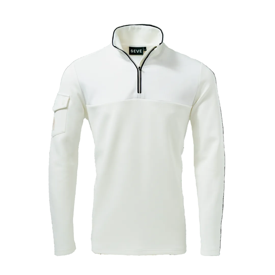 A white long-sleeved golf midlayer jacket with a quarter zipper and a small logo on the chest.