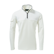 A white long-sleeved golf midlayer jacket with a quarter zipper and a small logo on the chest.