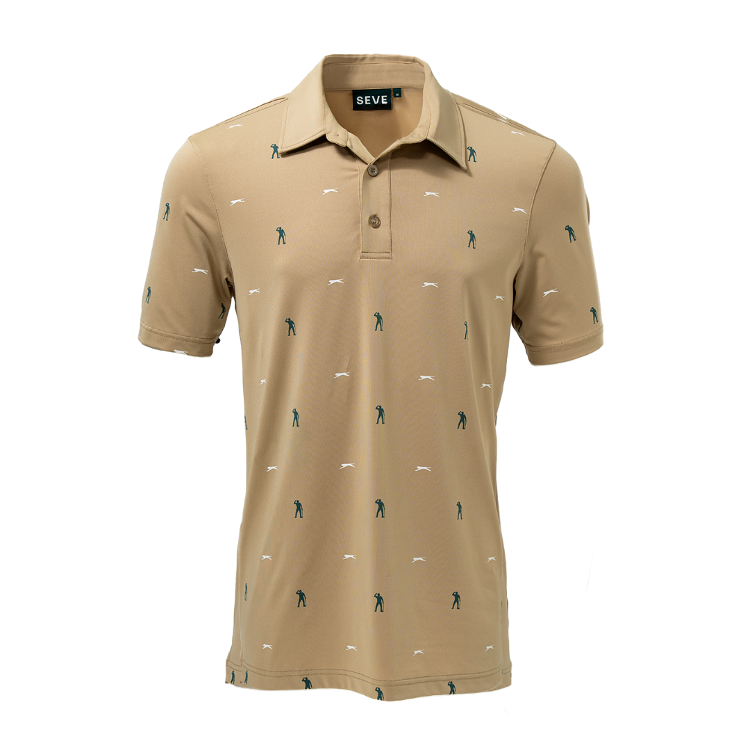 Beige polo shirt with small patterns on a white background