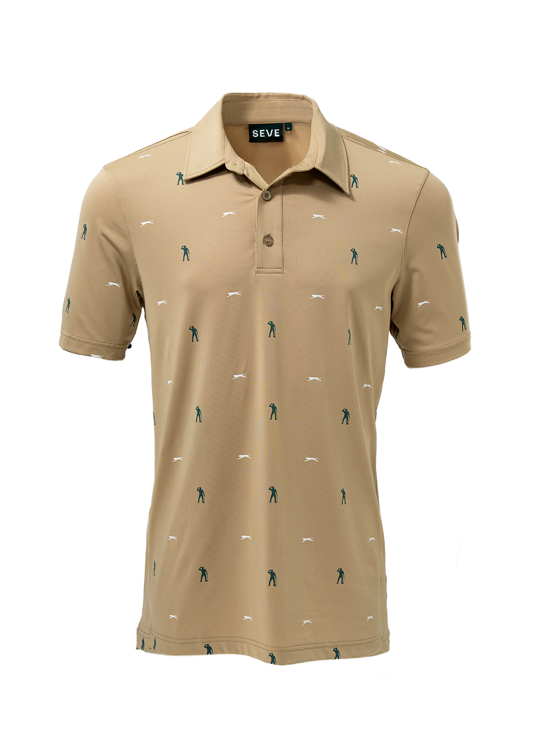 Beige polo shirt with small patterns on a white background