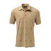 Beige polo shirt with small patterns on a white background