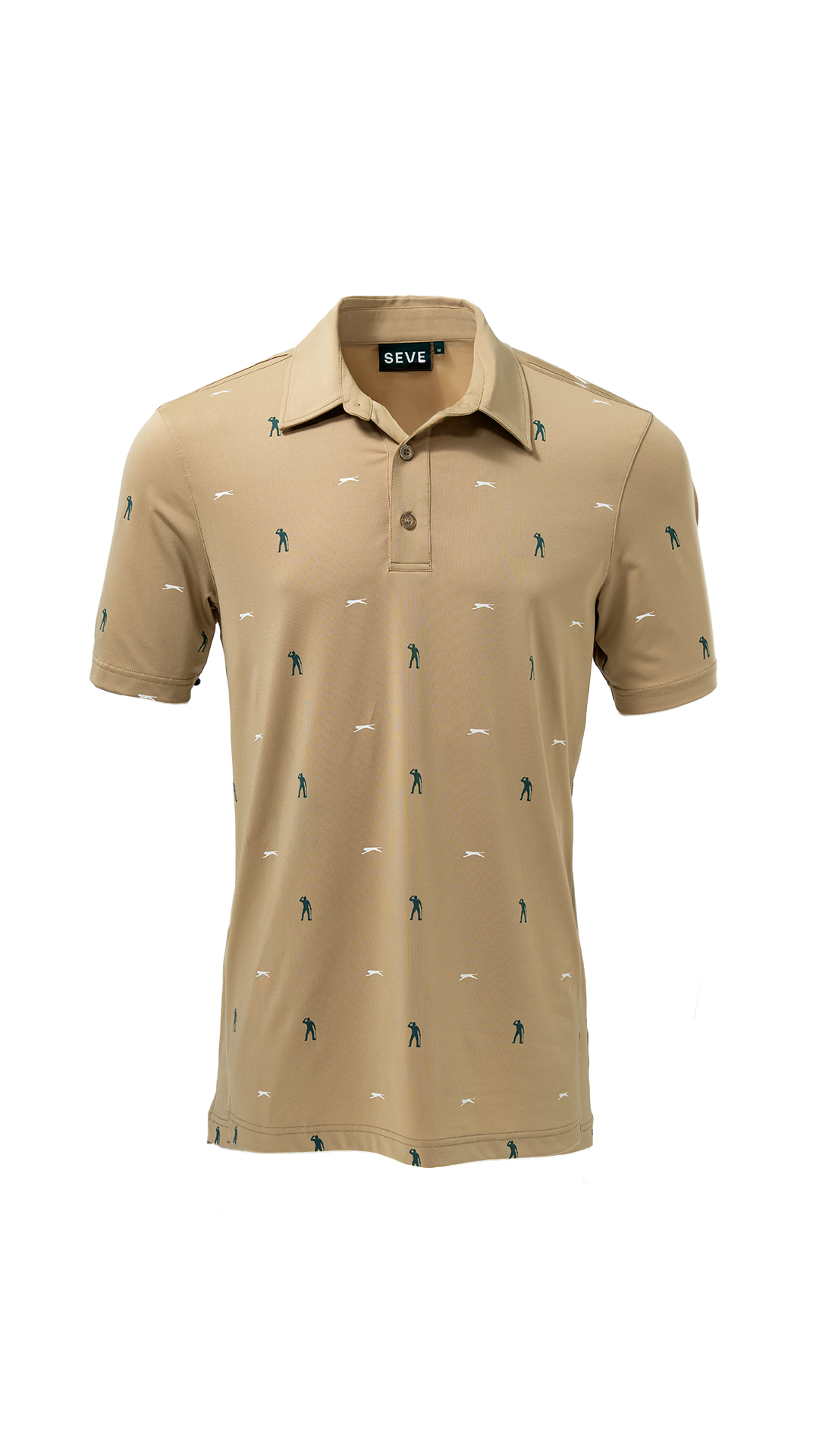 Beige polo shirt with small patterns on a white background