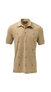 Beige polo shirt with small patterns on a white background
