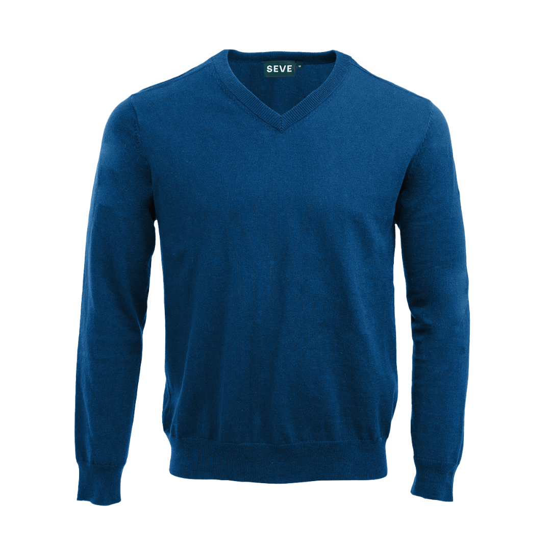 A blue knitted sweater with a V-neck collar.