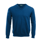 A blue knitted sweater with a V-neck collar.