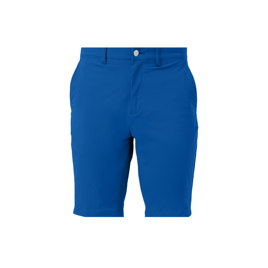 A pair of blue golf shorts