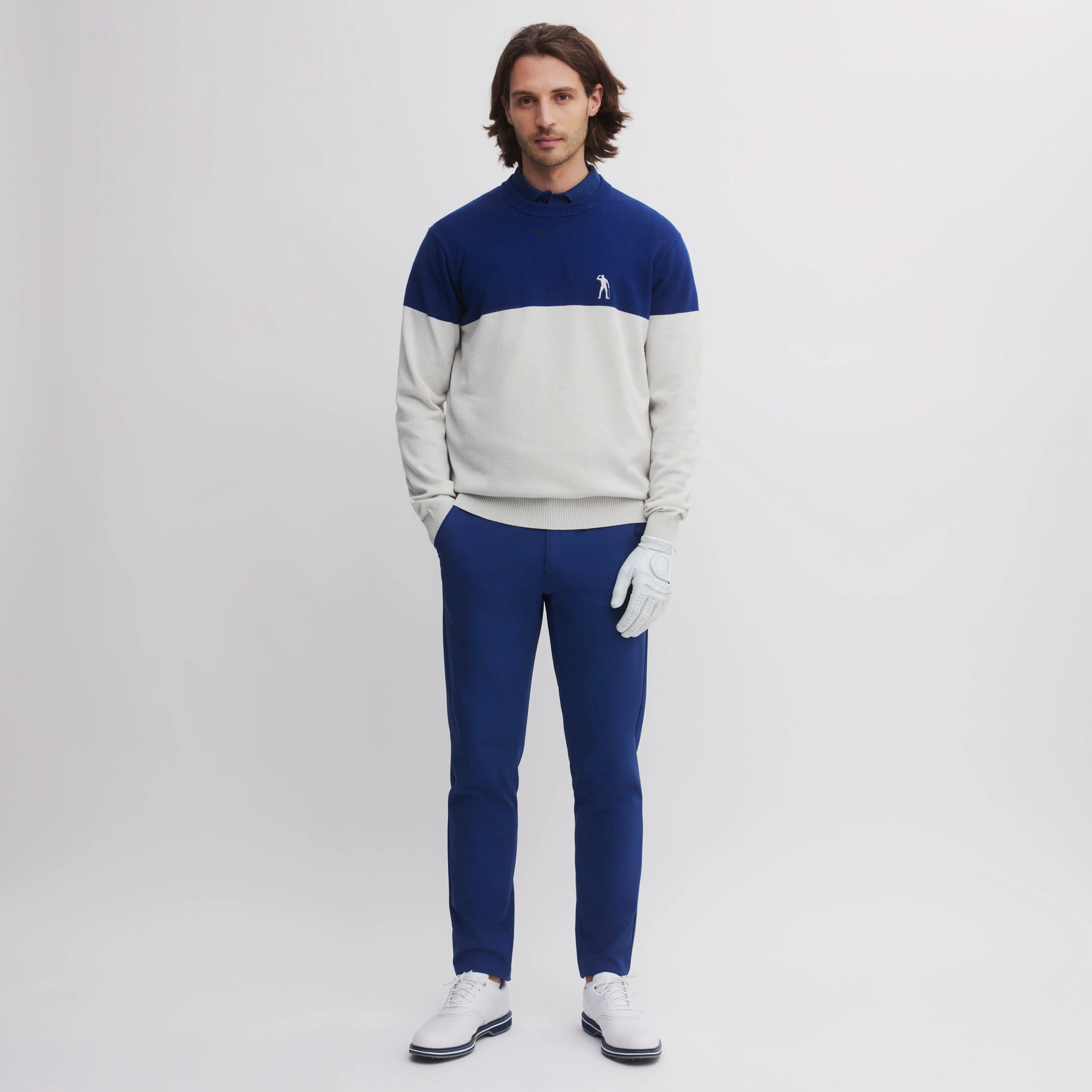ICON BLOCK ROUND NECK SWEATER ASH GREY/INK BLUE