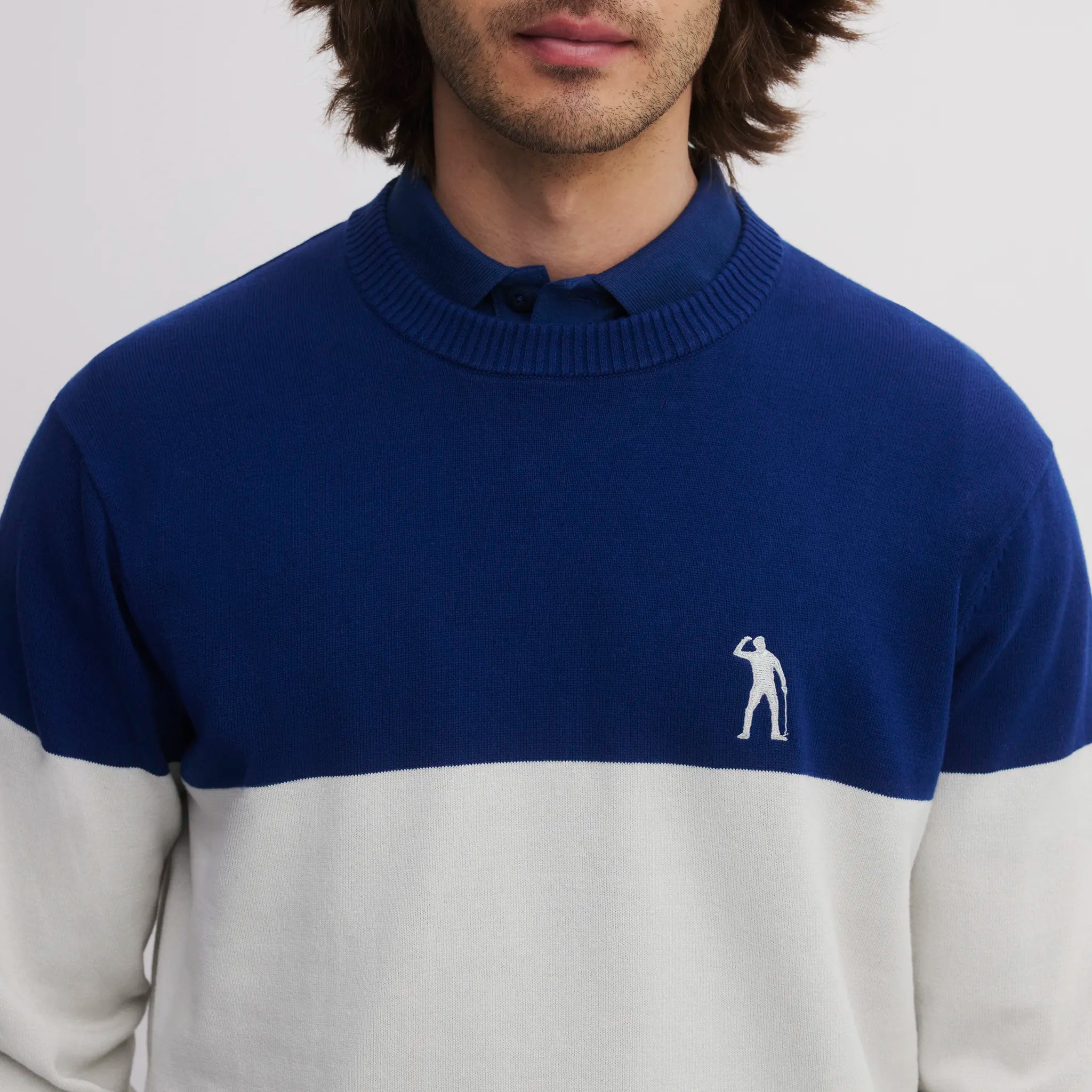 ICON BLOCK ROUND NECK SWEATER ASH GREY/INK BLUE